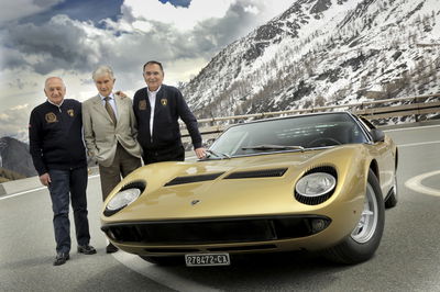 Paolo Stanzani, Marcello Gandini and Giampaolo Dallara with a Miura