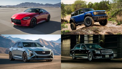 Clockwise from top left: Nissan Z, Ford Bronco Raptor, Toyota Century, Cadillac CT5-V Blackwing