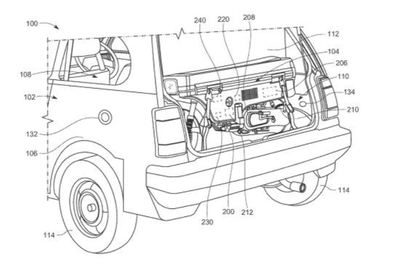 Patent drawing showing Honda's concept for a boot-stowable motorbike/range extender